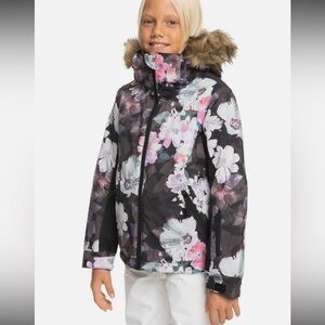 Roxy American Pie girl Black Floral Puffer Jacket Faux Fur Hood Dryflight coat 8